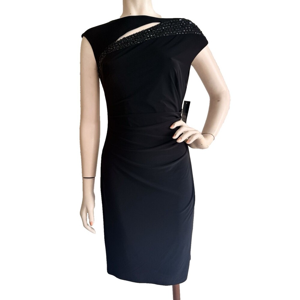 Lauren RALPH LAUREN Dress NWT Black Evening Beaded Ruched Stretch Sheath Size 6